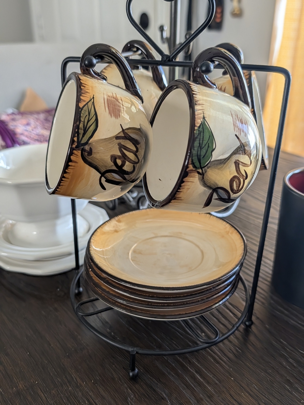 Source Unknown Tan and Brown Pear Motif Coffee Cup and Saucer Set with Stand